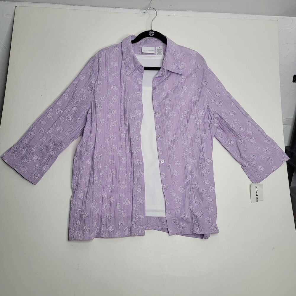 Alfred Dunner Lavender Floral Embroidered 2 Piece White Tank Shirt Set 20 NWT